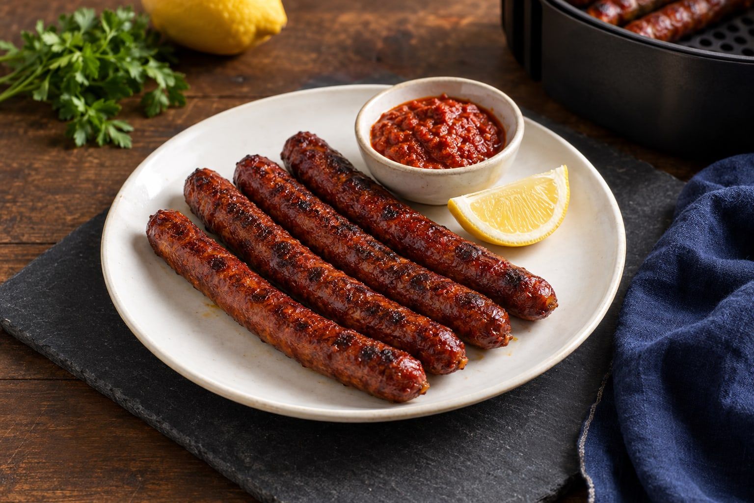Merguez au air fryer, quatre saucisses rouges bien dorées servies avec de la harissa