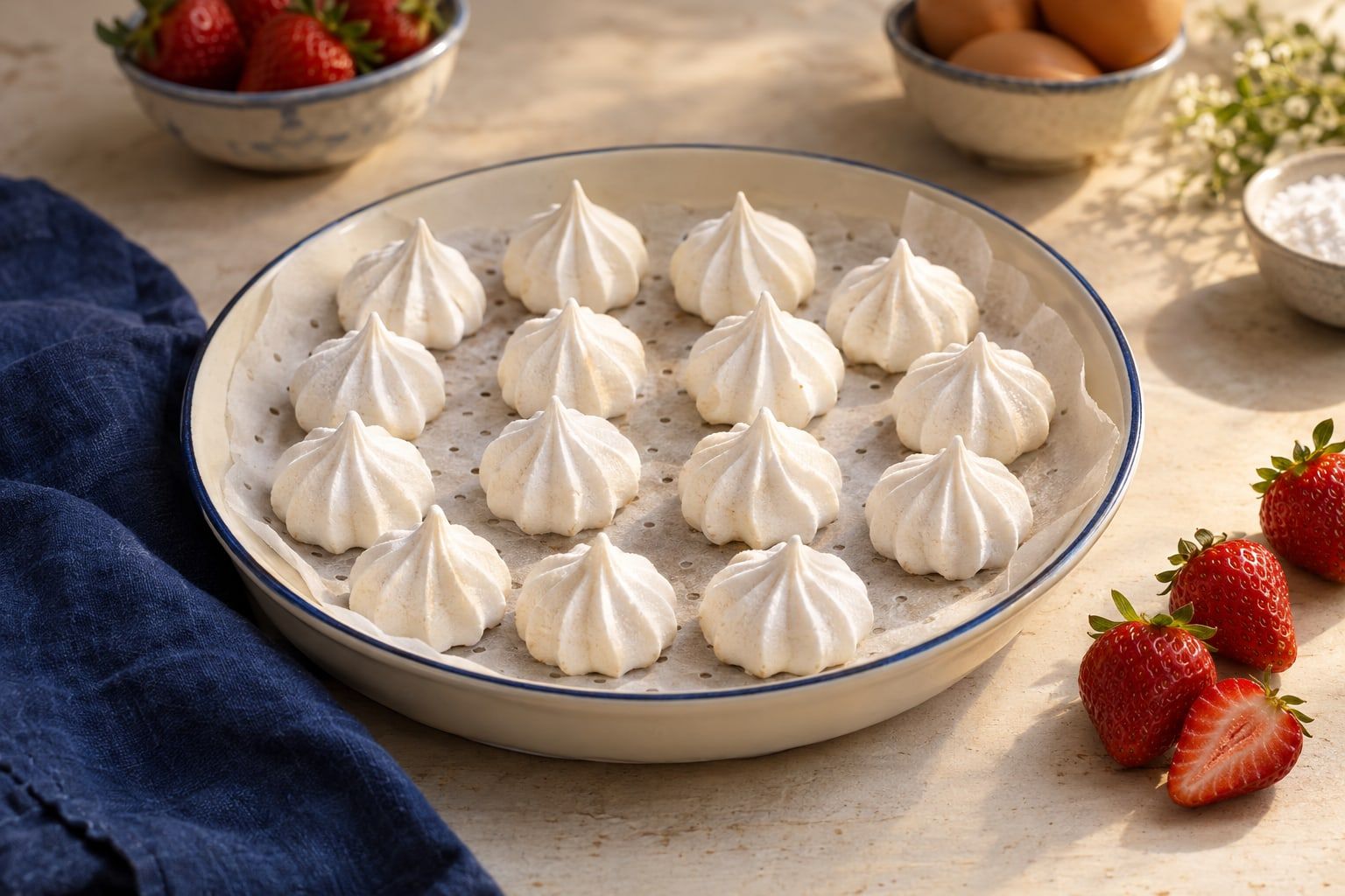 Meringues au air fryer, petites meringues blanches torsadées sur un papier perforé avec quelques fraises