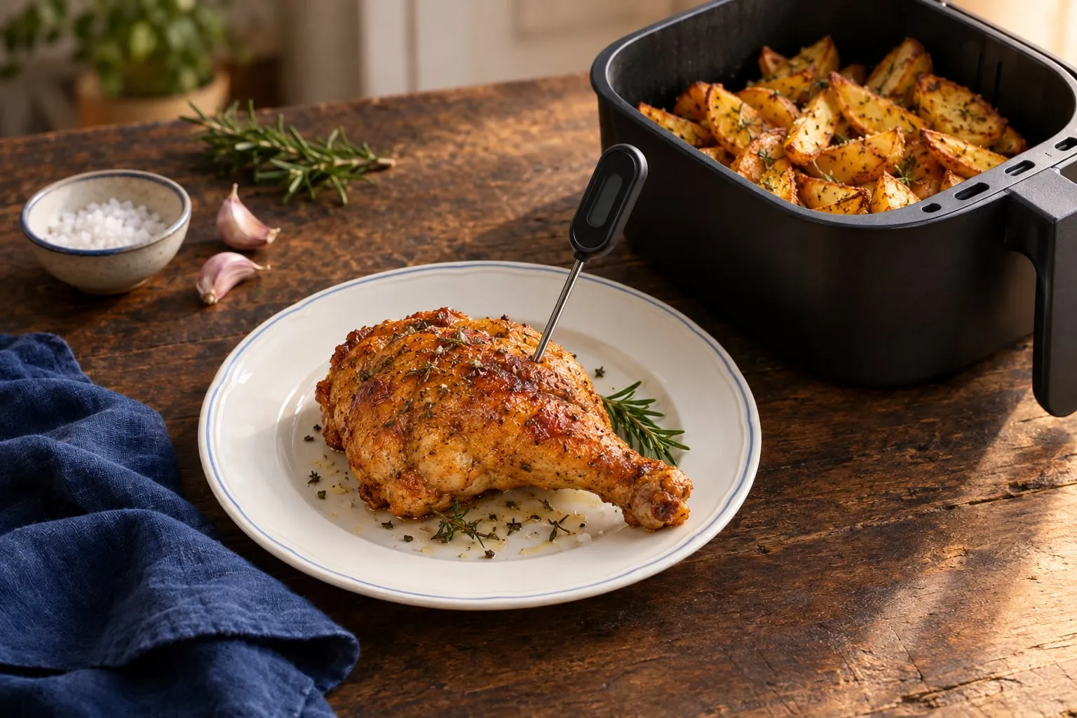 Thermomètre de cuisine planté dans une cuisse de poulet dorée à côté d’un panier de air fryer rempli de pommes de terre