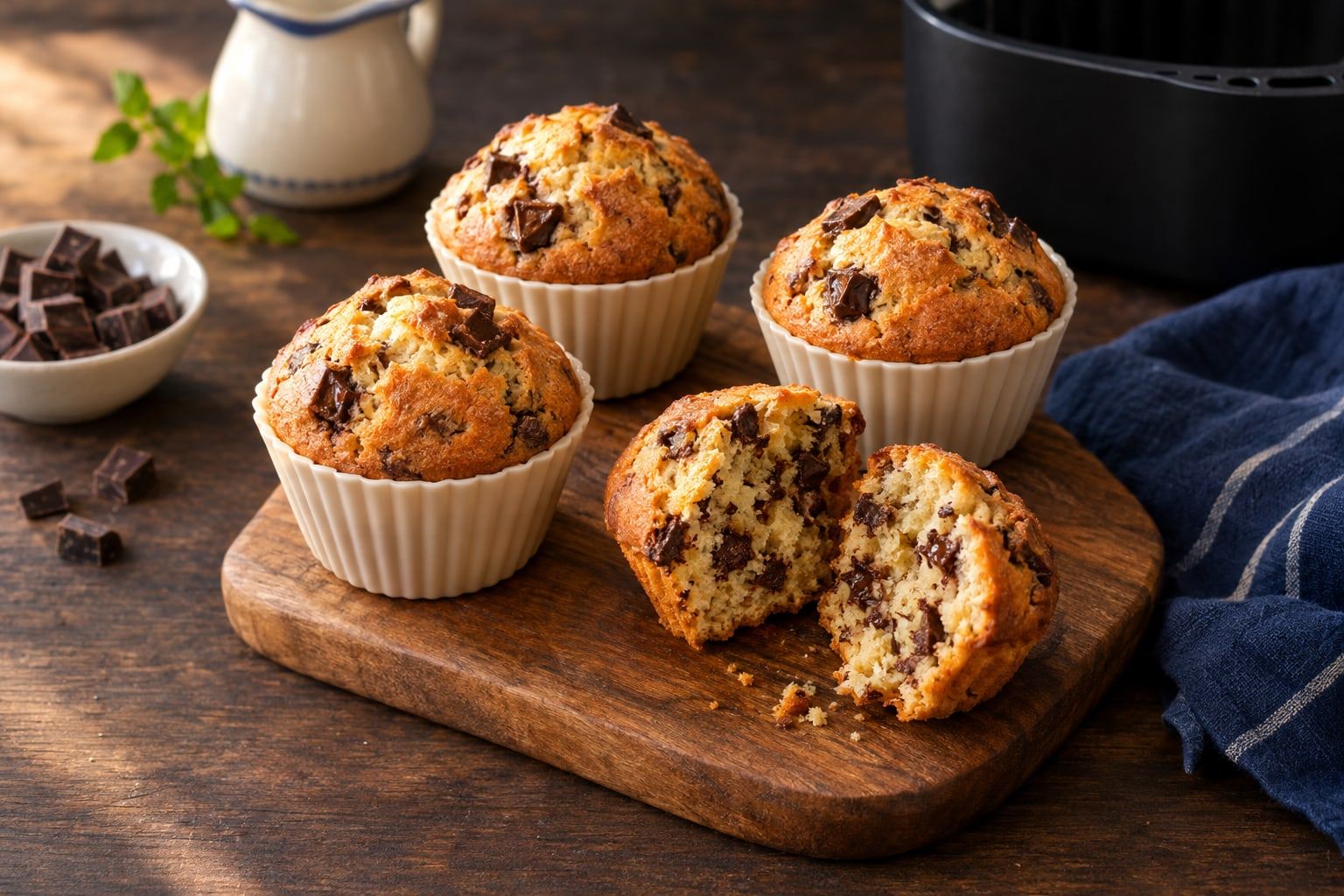 Muffins au air fryer, quatre muffins dorés aux pépites de chocolat dans des moules en silicone