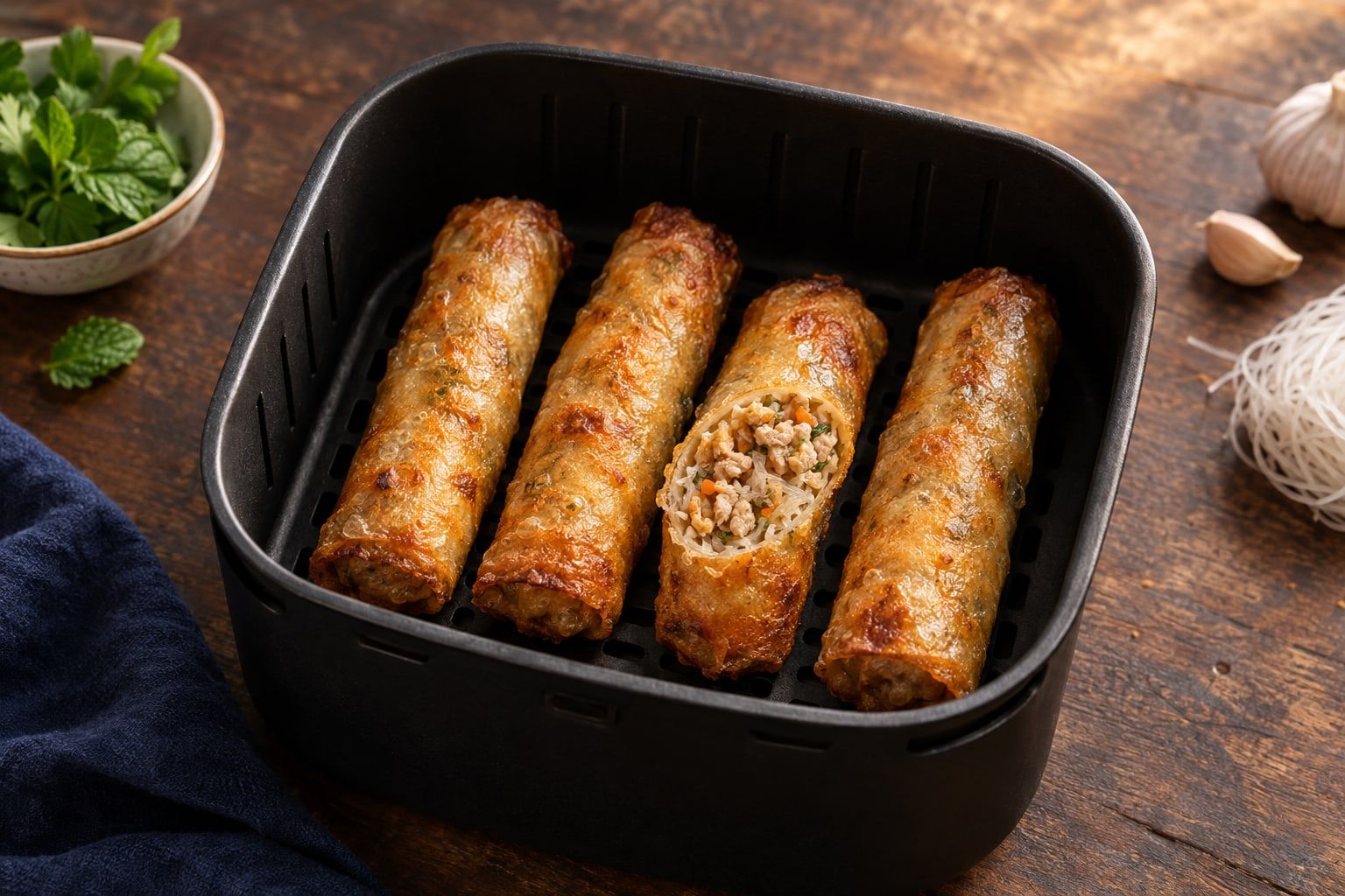Nems au air fryer, quatre rouleaux dorés dans le panier, l’un coupé sur la farce de poulet