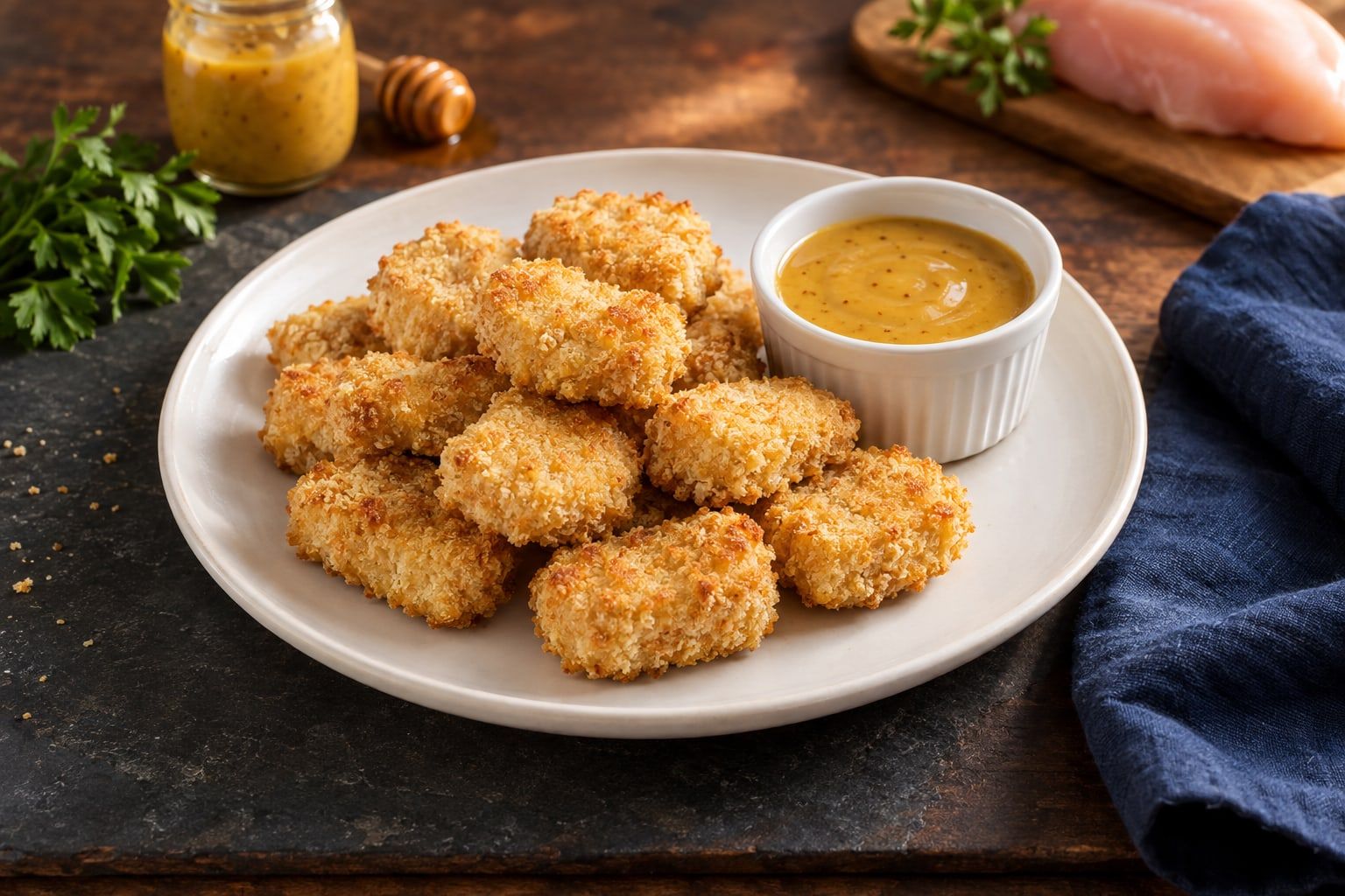 Nuggets de poulet maison au air fryer, morceaux panés au panko doré avec une sauce moutarde-miel