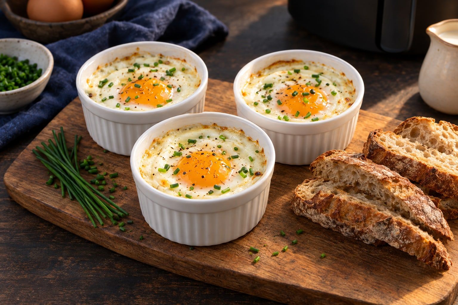 Œufs cocotte au air fryer, trois ramequins blancs avec un œuf au jaune brillant et de la ciboulette, mouillettes de pain à côté