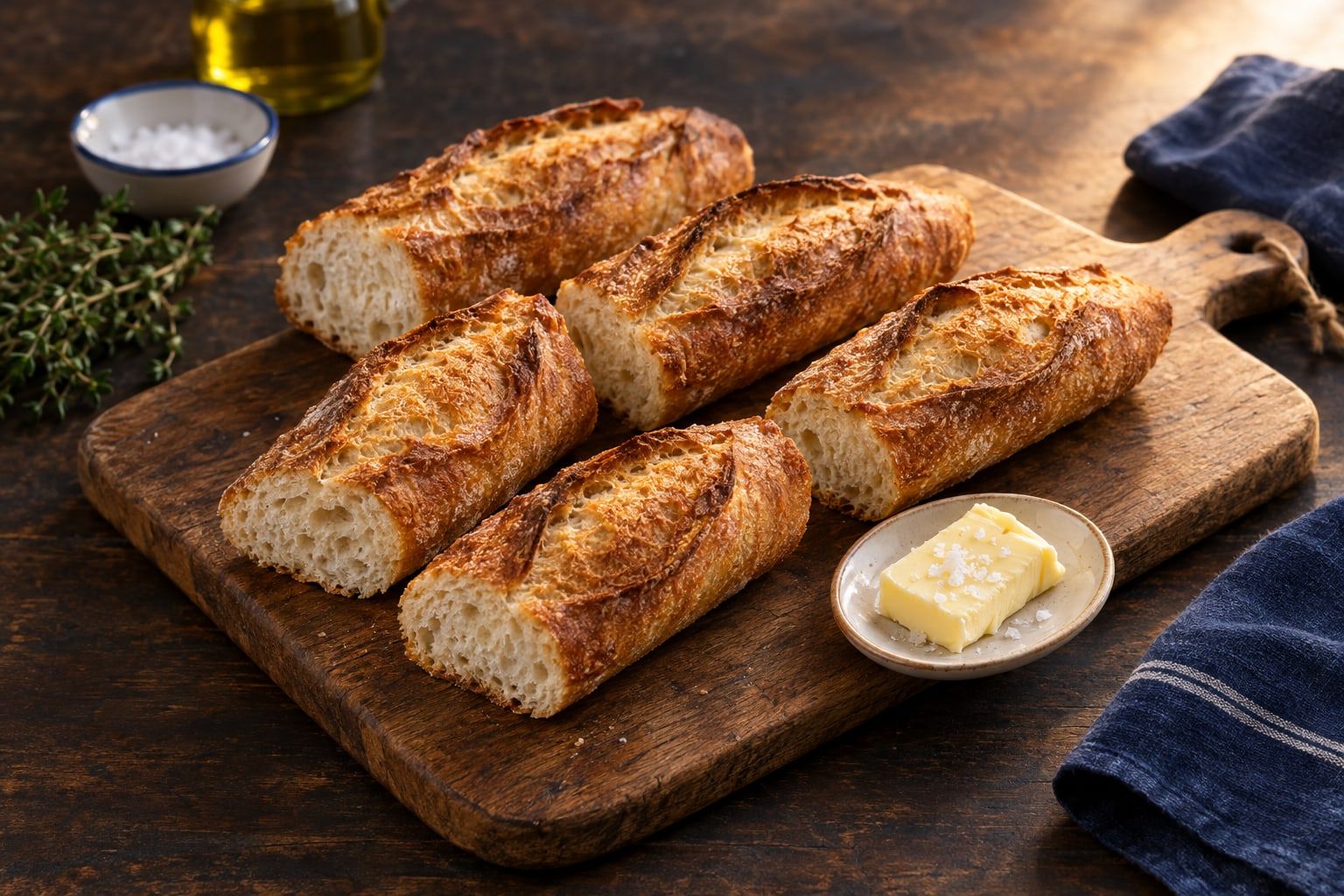 Pain précuit au air fryer, quatre tronçons de baguette dorée à la croûte croustillante, sur une planche en bois avec du beurre