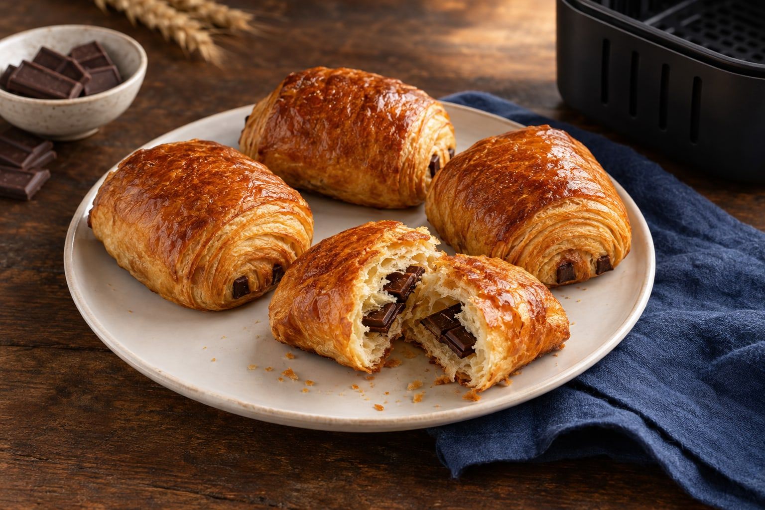 Pains au chocolat au air fryer, quatre viennoiseries dorées et feuilletées, l’une ouverte sur ses deux barres de chocolat