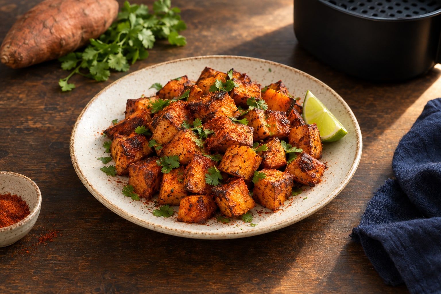 Patate douce au air fryer, cubes orange caramélisés à la coriandre et au citron vert sur une assiette en céramique