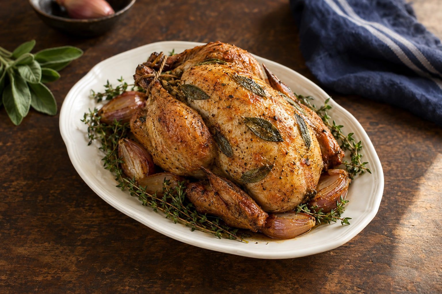 Pintade au air fryer, peau dorée à la sauge, posée sur un plat ovale avec des échalotes rôties