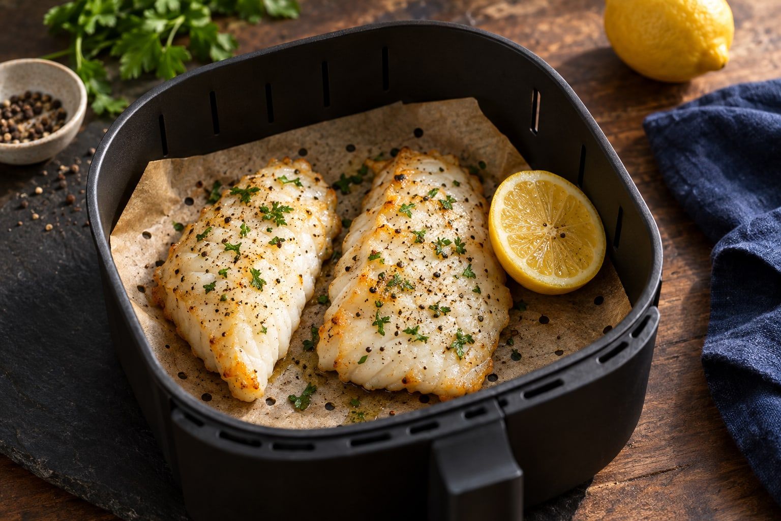 Poisson blanc au air fryer, deux filets nacrés au persil sur papier sulfurisé dans le panier noir