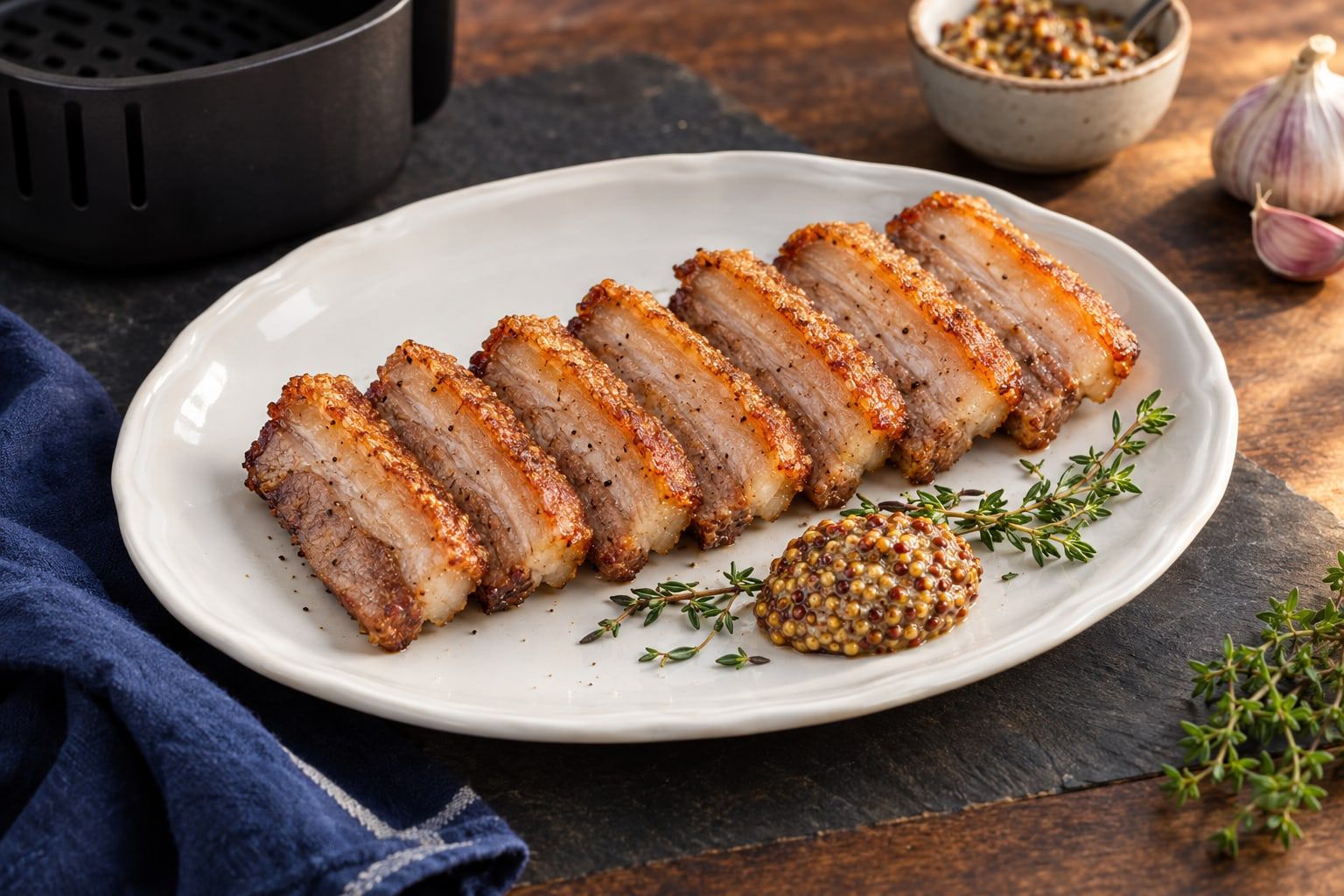 Poitrine de porc au air fryer, six tranches dorées bordées d’une couenne croustillante sur une assiette blanche