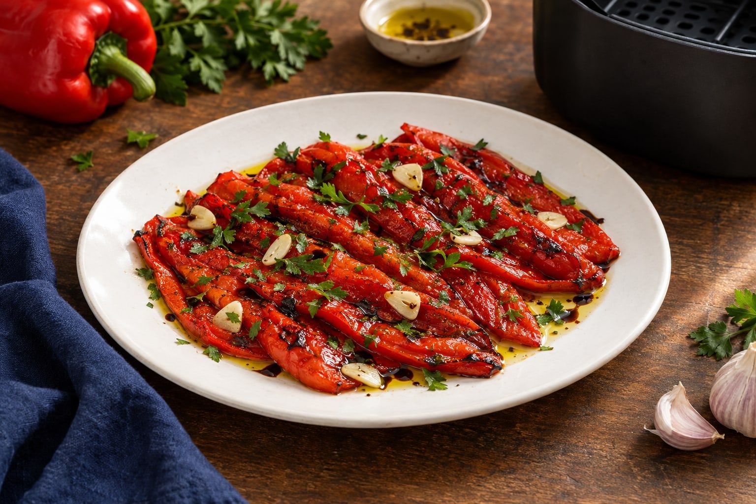Poivrons au air fryer, quartiers rouges grillés et pelés à l’huile d’olive, ail et persil