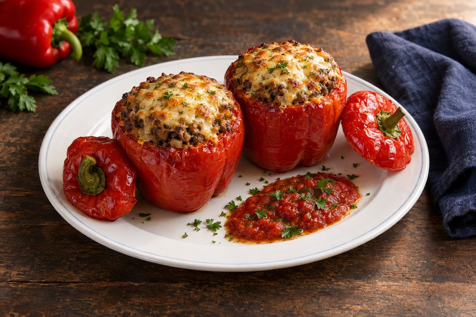 Poivrons farcis au air fryer, deux poivrons rouges garnis de farce dorée et de gruyère fondu, chapeaux posés à côté