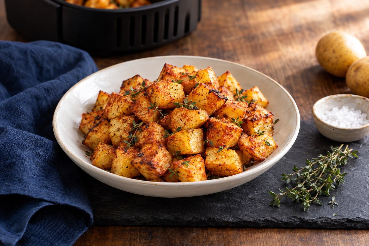 Pommes de terre au air fryer, cubes dorés au paprika et au thym dans un plat blanc