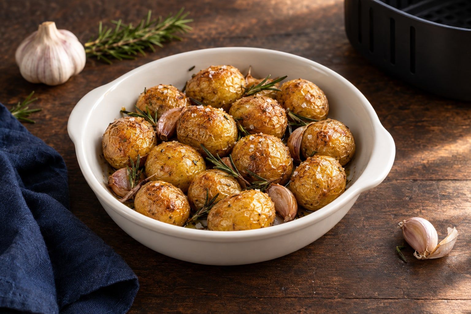 Pommes de terre grenaille au air fryer, petites pommes de terre dorées au romarin et à l’ail dans un plat blanc