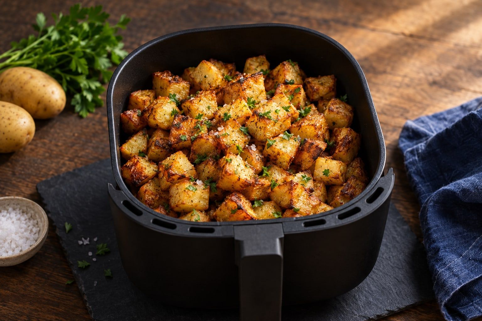 Pommes de terre rissolées au air fryer, dés dorés et croustillants au persil dans le panier noir