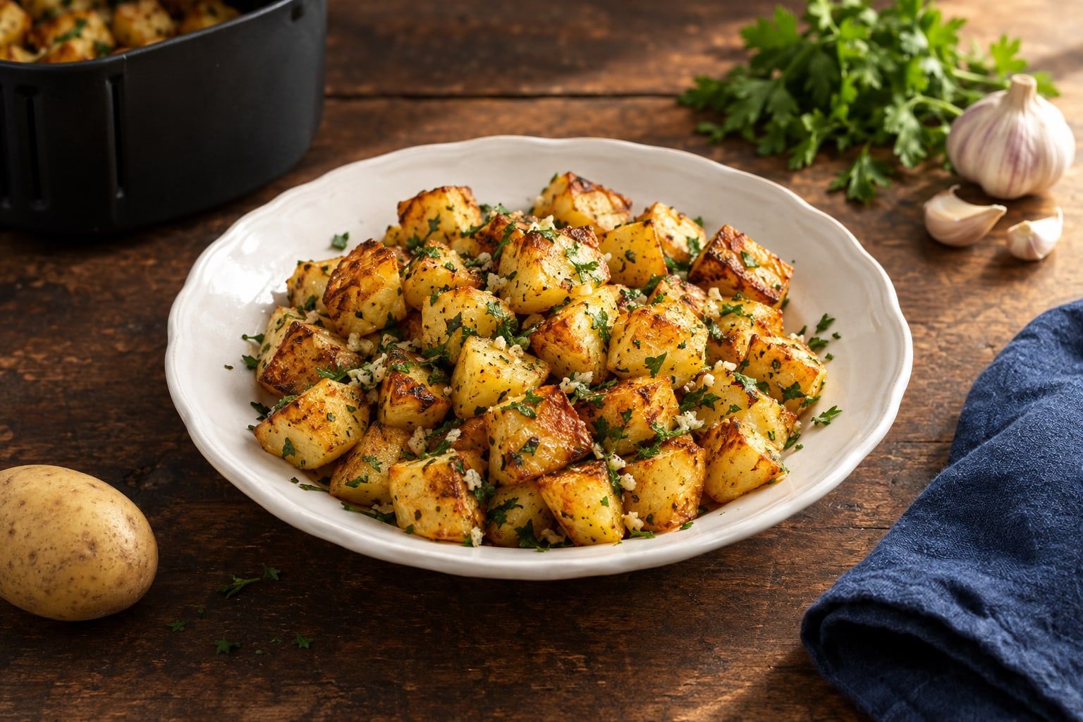 Pommes de terre sautées au air fryer, dés dorés à la persillade dans un plat en céramique blanche
