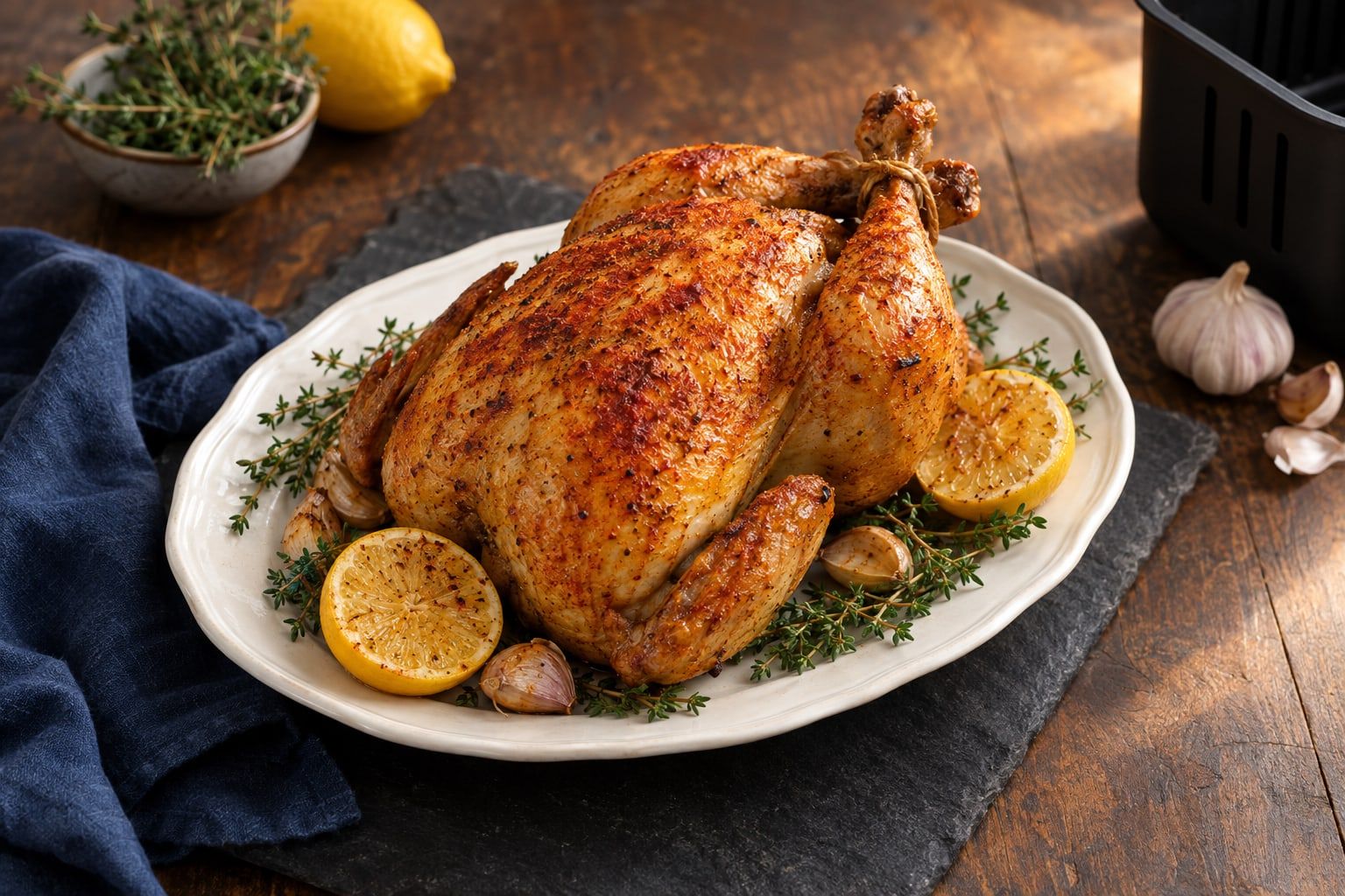 Poulet entier au air fryer, peau dorée au paprika sur un plat ovale avec citron et thym