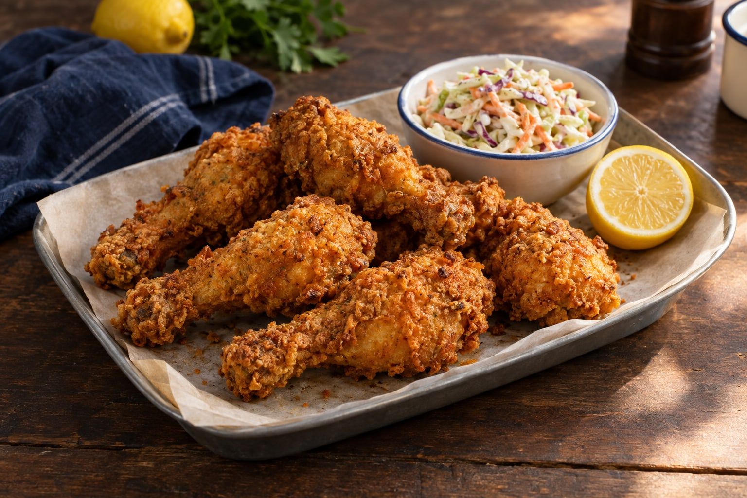 Poulet frit au air fryer, pilons à la croûte dorée et irrégulière sur un plateau avec du coleslaw