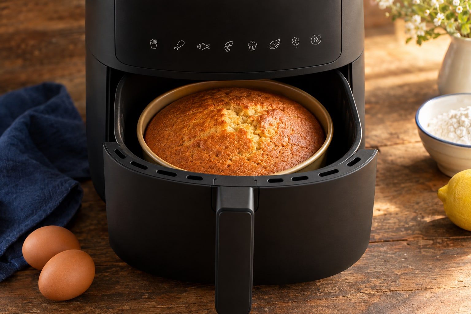 Bake in air fryer : un bandeau de commandes avec symboles de programmes au-dessus d’un panier