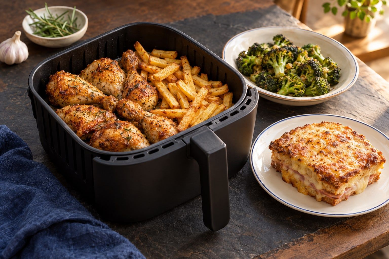 Que faire avec un air fryer : panier garni de pilons de poulet, frites, brocolis et un croque-monsieur doré