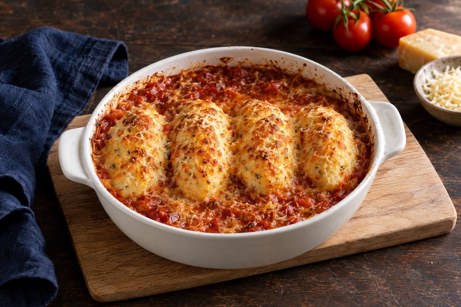 Quenelles au air fryer, quatre quenelles gonflées sous une sauce tomate bouillonnante et du gruyère doré