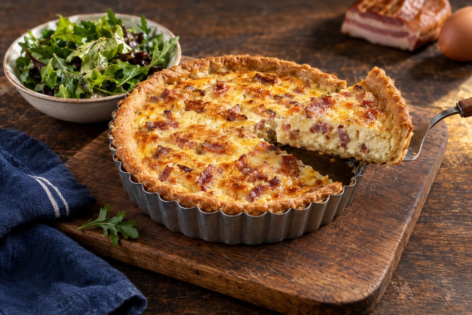 Quiche lorraine au air fryer, tarte dorée aux lardons dans un moule en métal, une part découpée