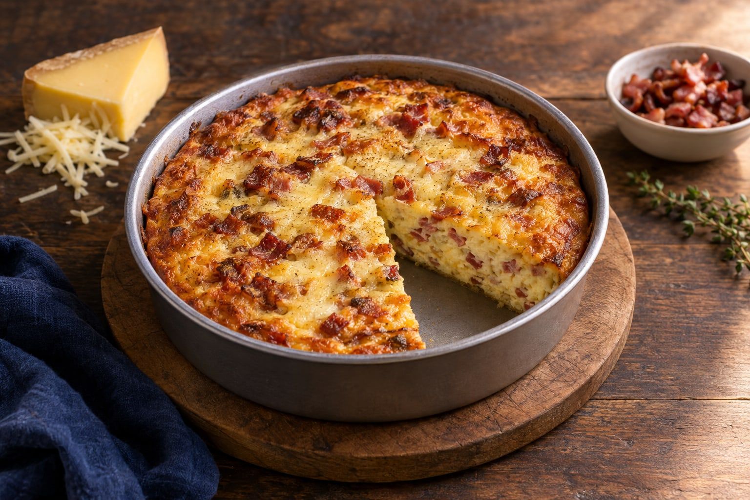 Quiche sans pâte au air fryer, dessus doré parsemé de lardons et de gruyère, une part découpée
