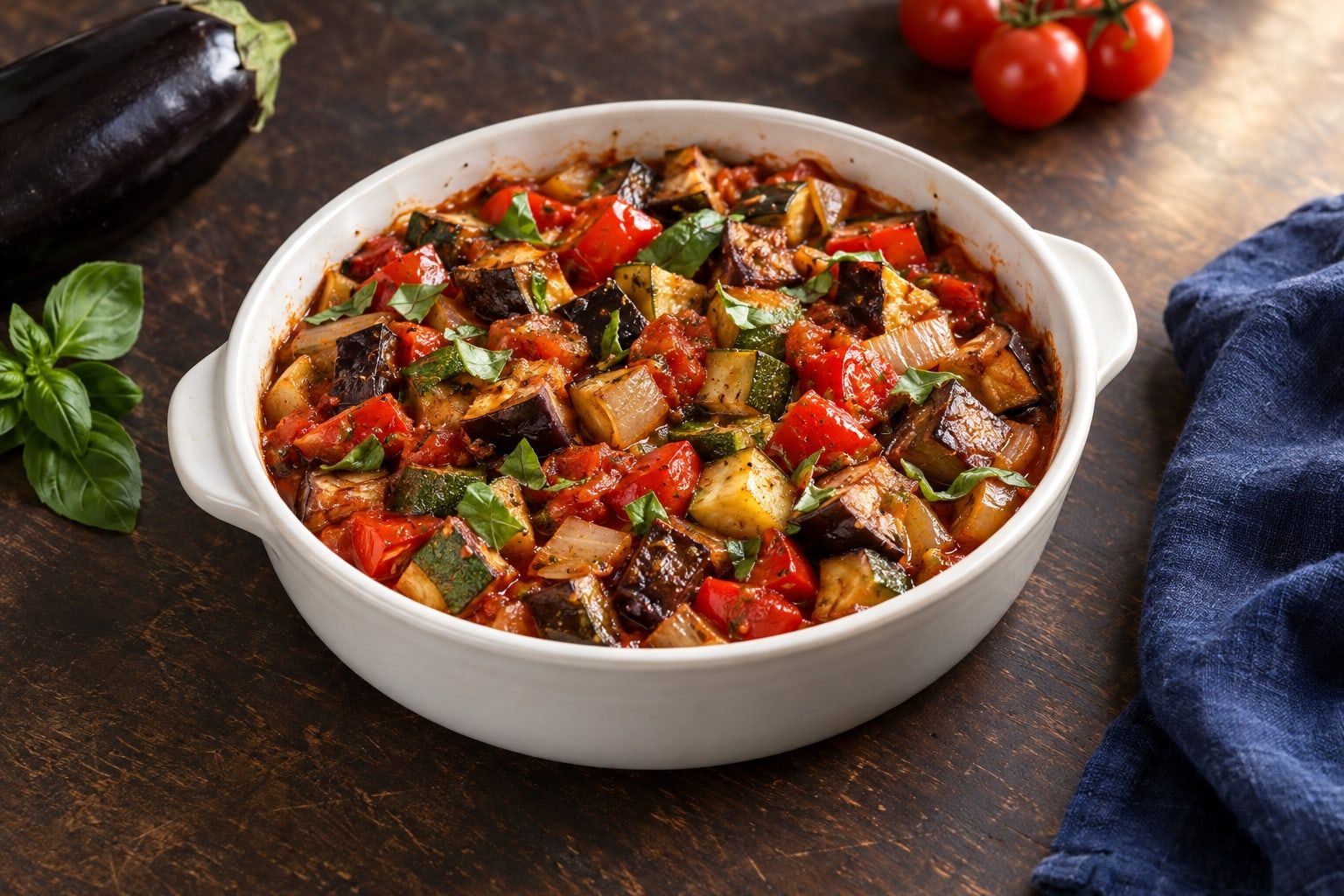 Ratatouille au air fryer, cubes de légumes fondants et basilic dans un plat rond en céramique blanche