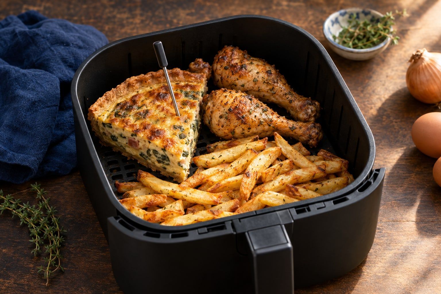 Réchauffer au air fryer, part de quiche, pilons de poulet et frites dans un panier, une sonde plantée dans une part