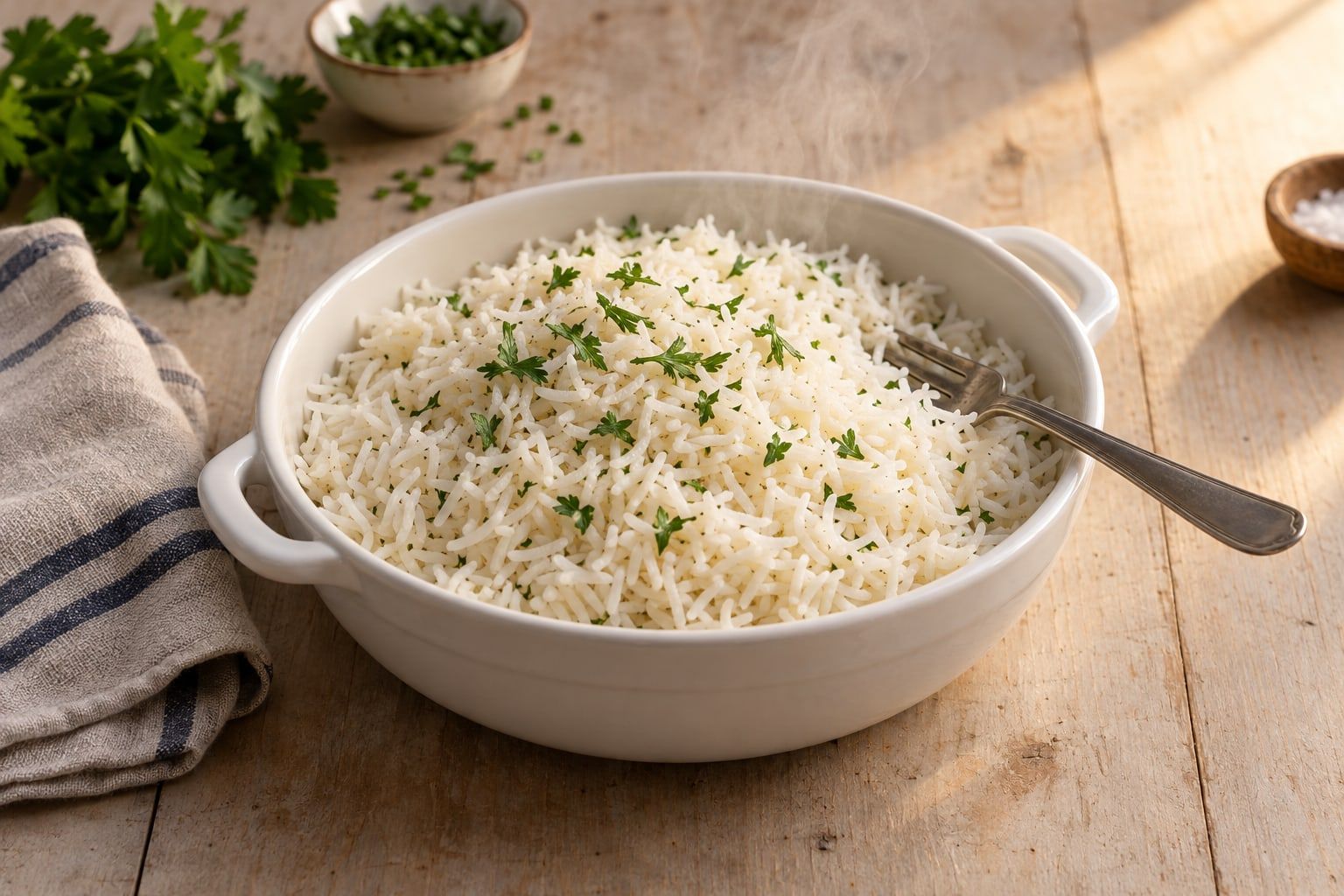 Riz au air fryer, grains de basmati gonflés et séparés dans un plat rond en céramique blanche avec une fourchette et du persil