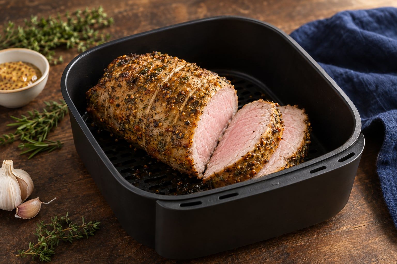 Rôti de porc au air fryer, croûte dorée à la moutarde, deux tranches rosées dans le panier noir