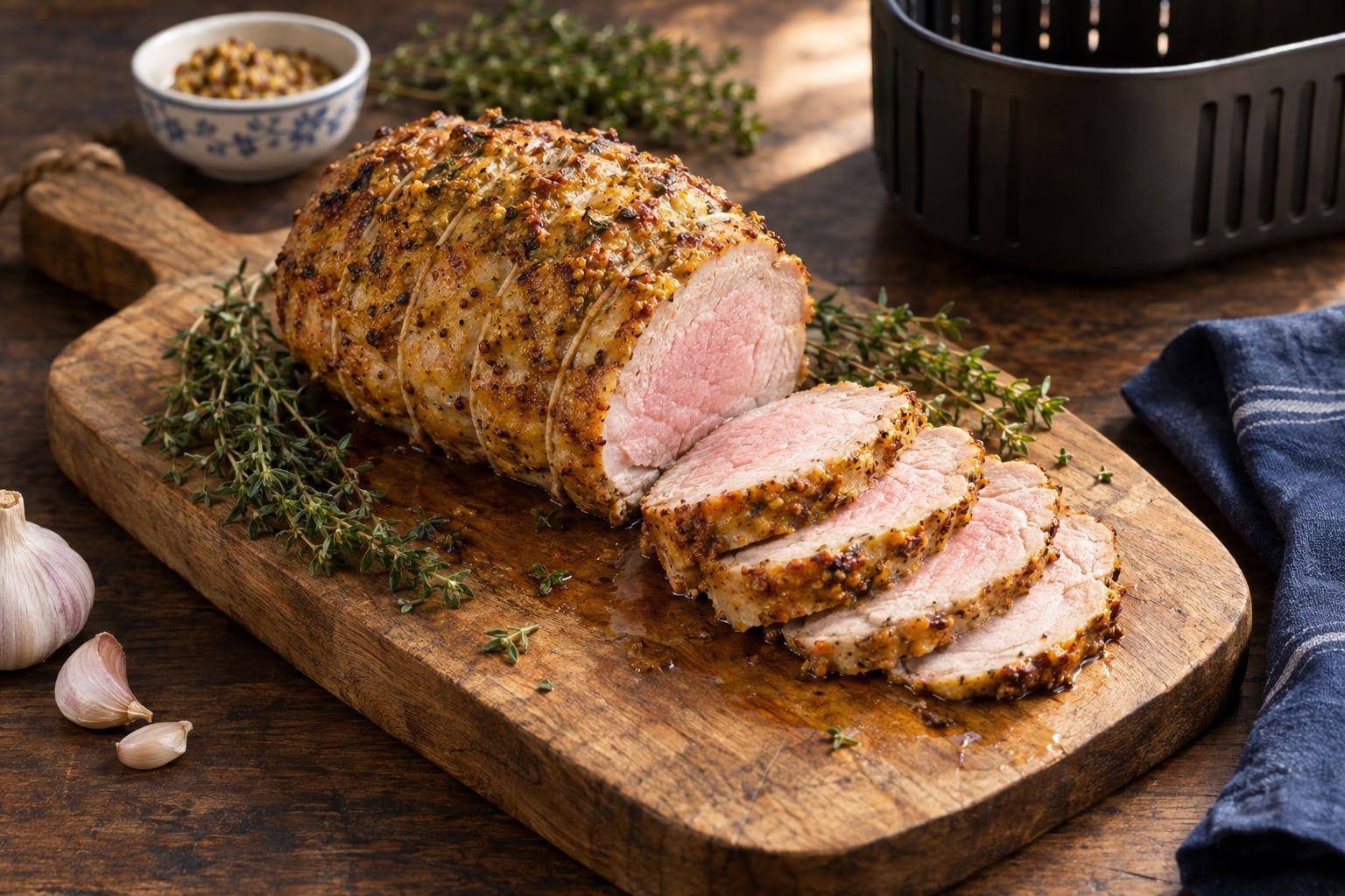 Rôti de veau au air fryer, noix ficelée à la croûte moutarde, tranchée sur une planche avec du thym