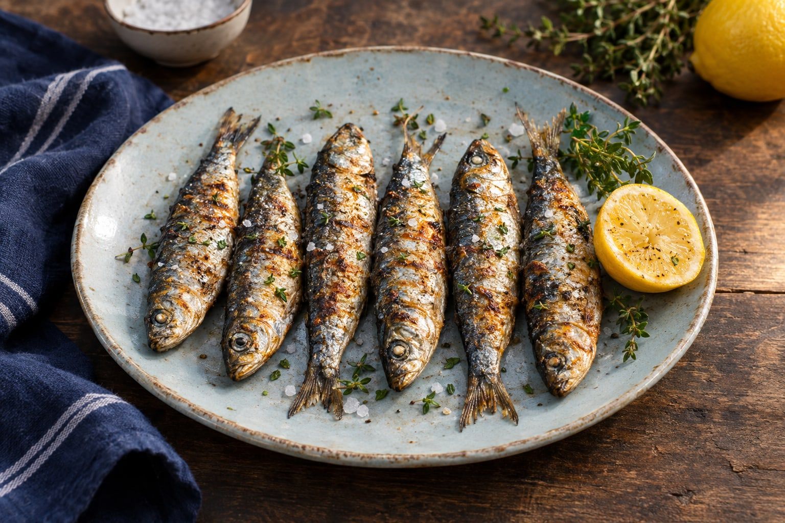 Sardines au air fryer, six poissons entiers à la peau dorée, citron et thym sur une assiette grise