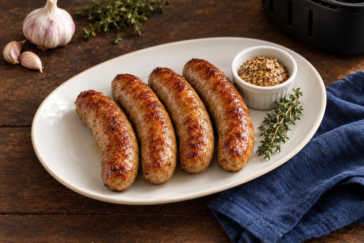 Saucisses au air fryer, quatre saucisses de porc dorées sur une assiette ovale avec de la moutarde à l’ancienne