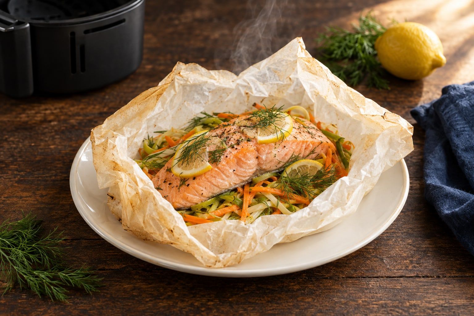 Saumon en papillote au air fryer, pavé rose sur un lit de carotte et de poireau, papier sulfurisé ouvert, citron et aneth