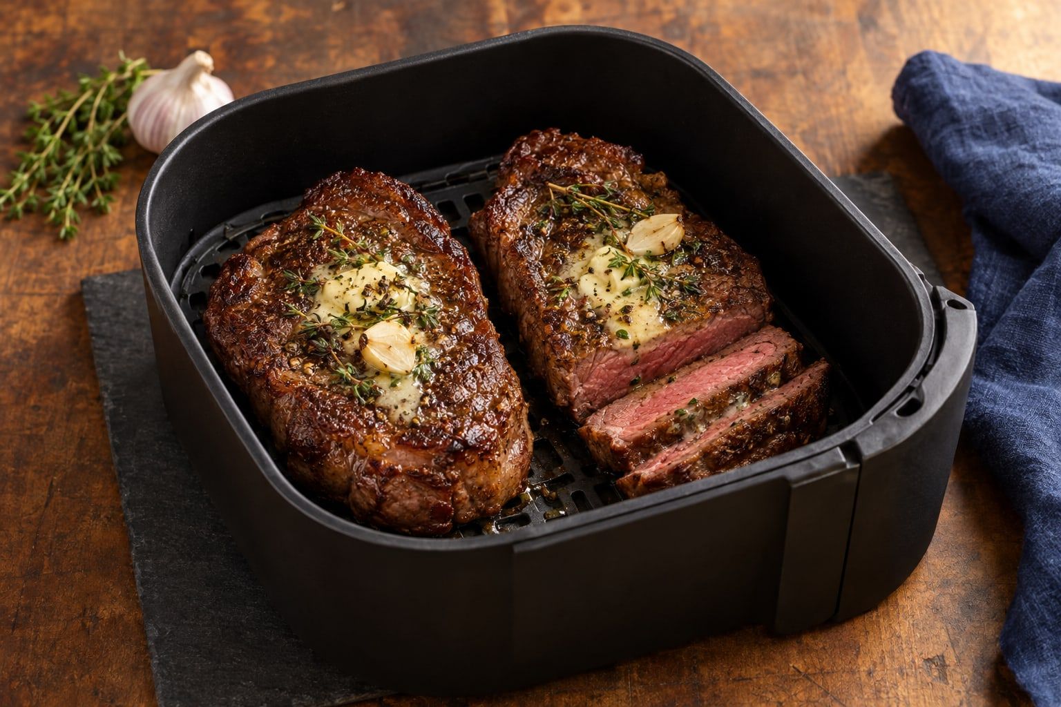 Steak au air fryer, deux entrecôtes à croûte brune, beurre et thym dans un panier noir