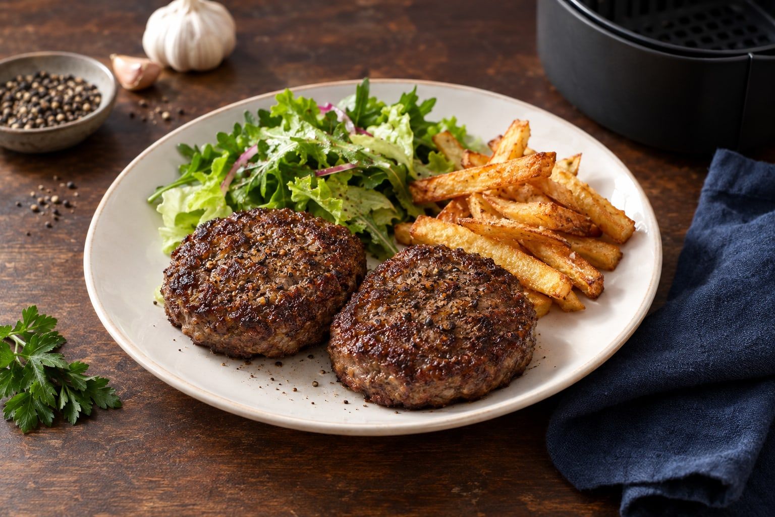 Steak haché au air fryer, deux steaks ronds à la croûte brune servis avec de la salade verte