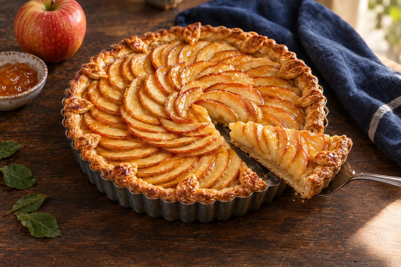 Tarte aux pommes au air fryer, rosace de pommes glacée à l’abricot dans un moule cannelé de 18 cm