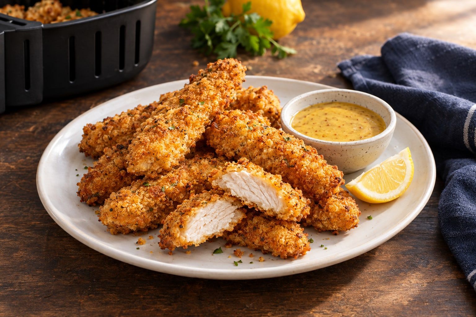 Tenders de poulet au air fryer, panure dorée et chair blanche juteuse, sauce miel-moutarde à côté