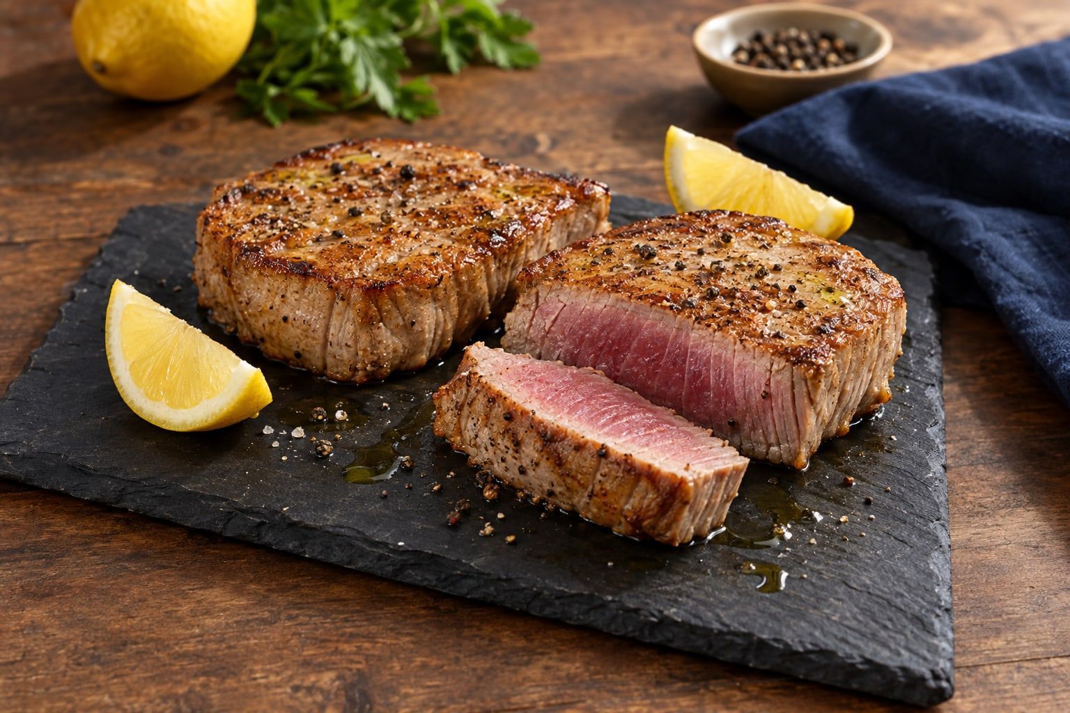 Thon au air fryer, deux steaks dorés au centre rosé sur une assiette en ardoise