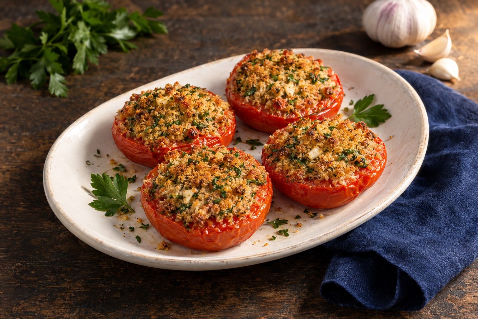 Tomates provençales au air fryer, moitiés garnies d’une persillade dorée dans un plat ovale blanc